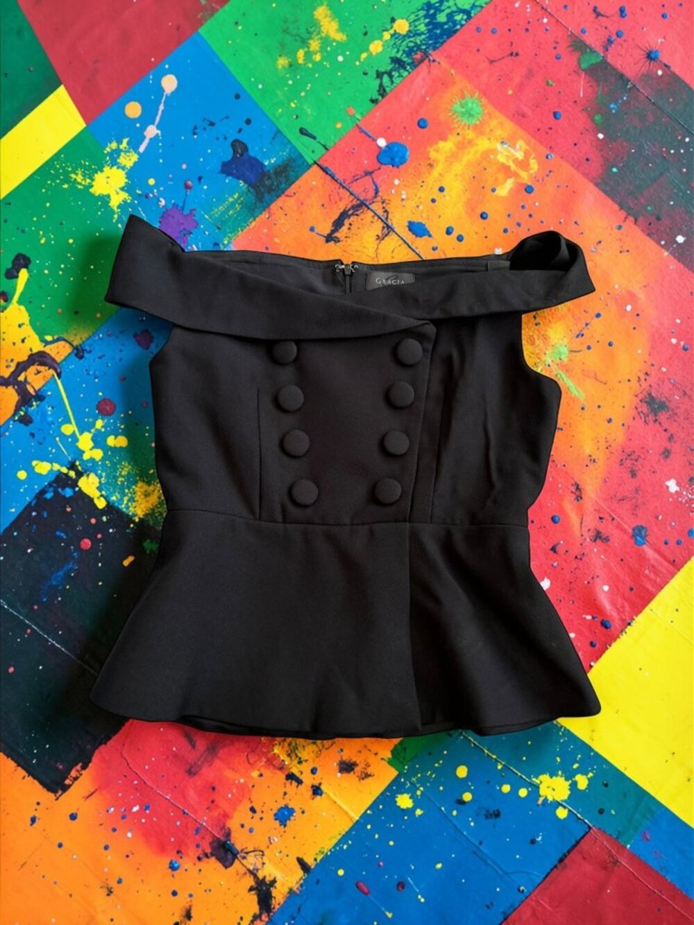 GRACIA Black Button Off the Shoulder Top Size Large